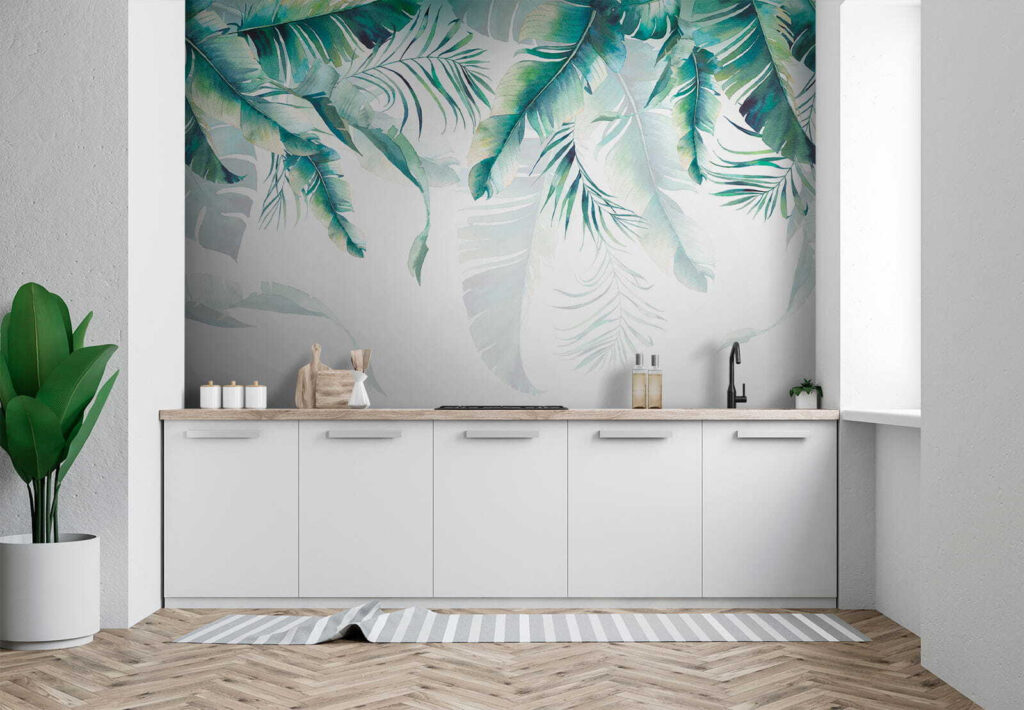 Turquoise bladeren boven wit — interieur 1