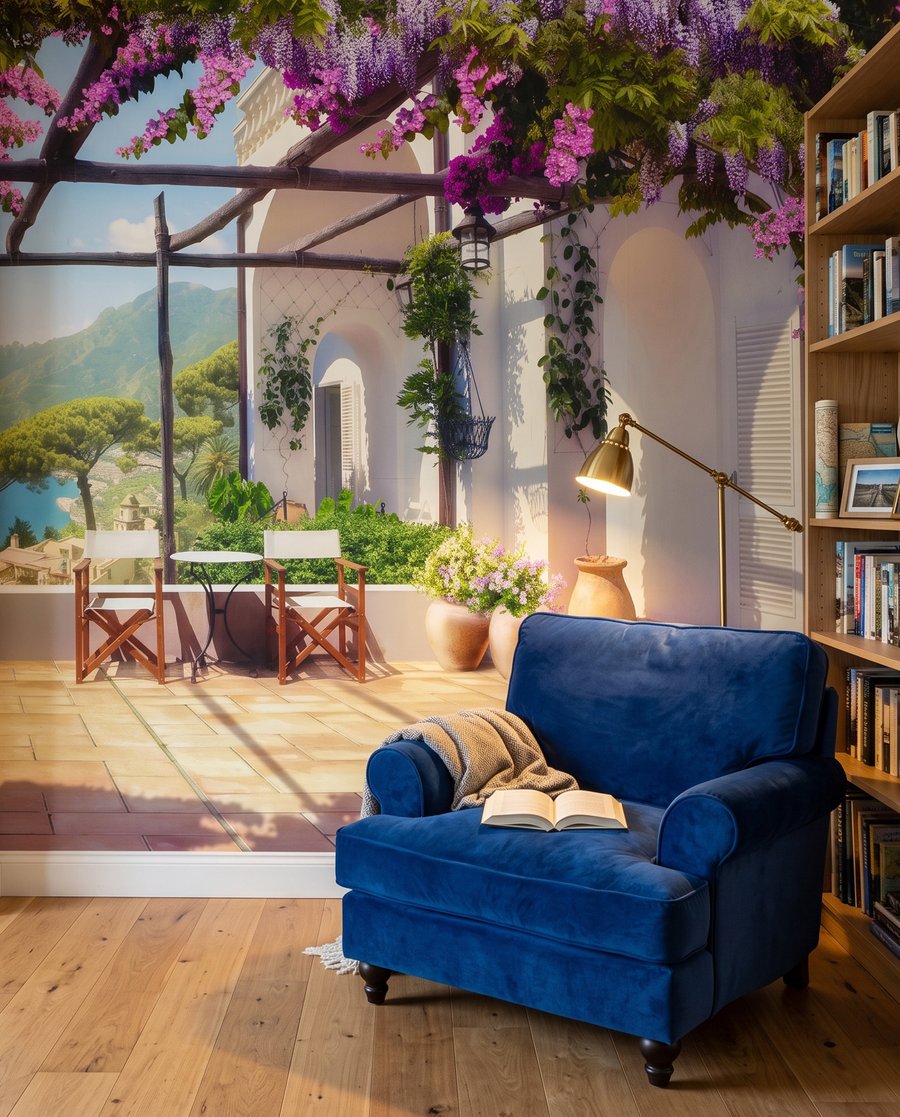 Onder de bloeiende pergola in een interieur