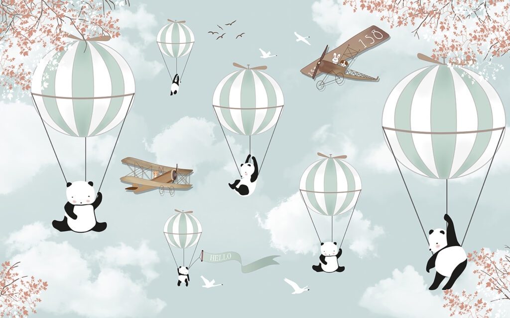 Panda's aan luchtballonnen — volledig ontwerp