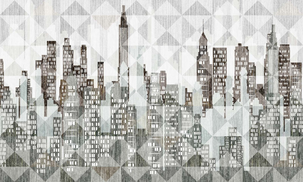 Stadsgevels tussen grijze driehoeken — volledig ontwerp
