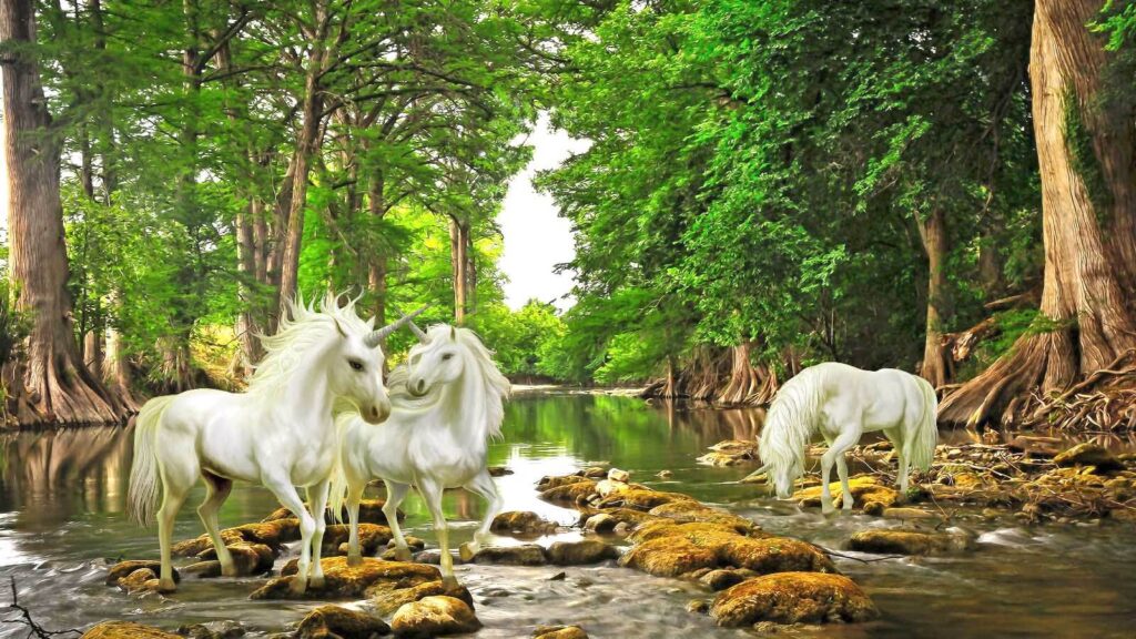 Witte paarden bij boswater — volledig ontwerp