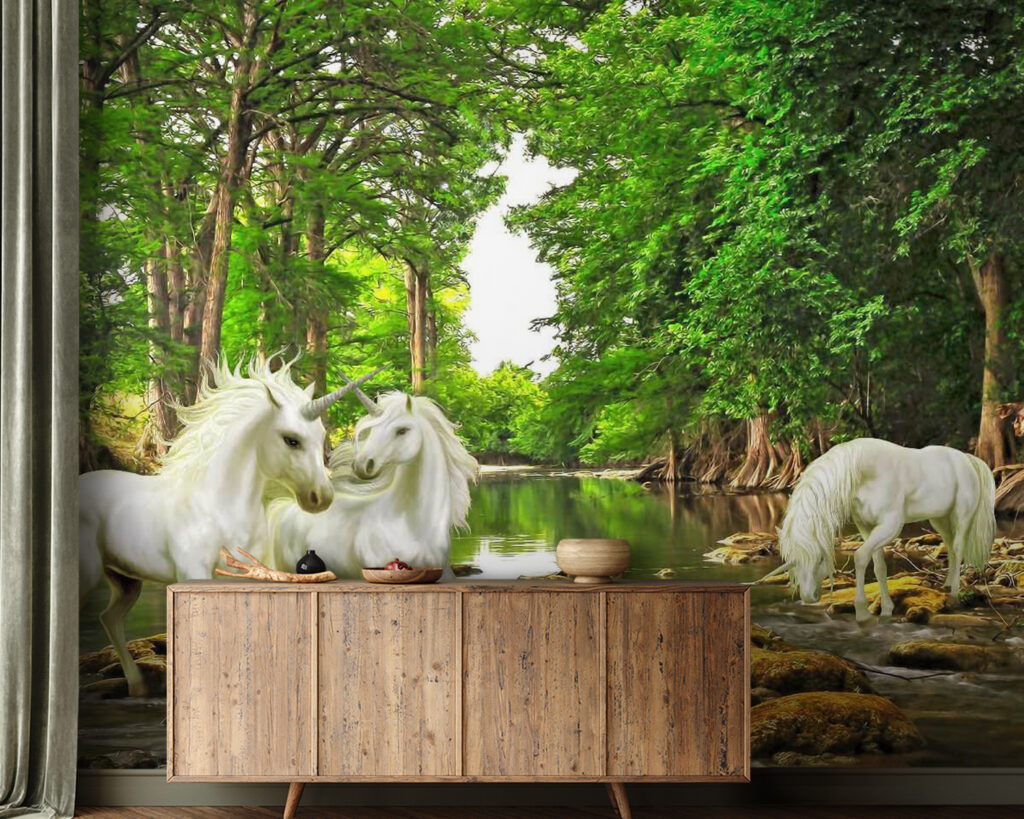 Witte paarden bij boswater — interieur 2