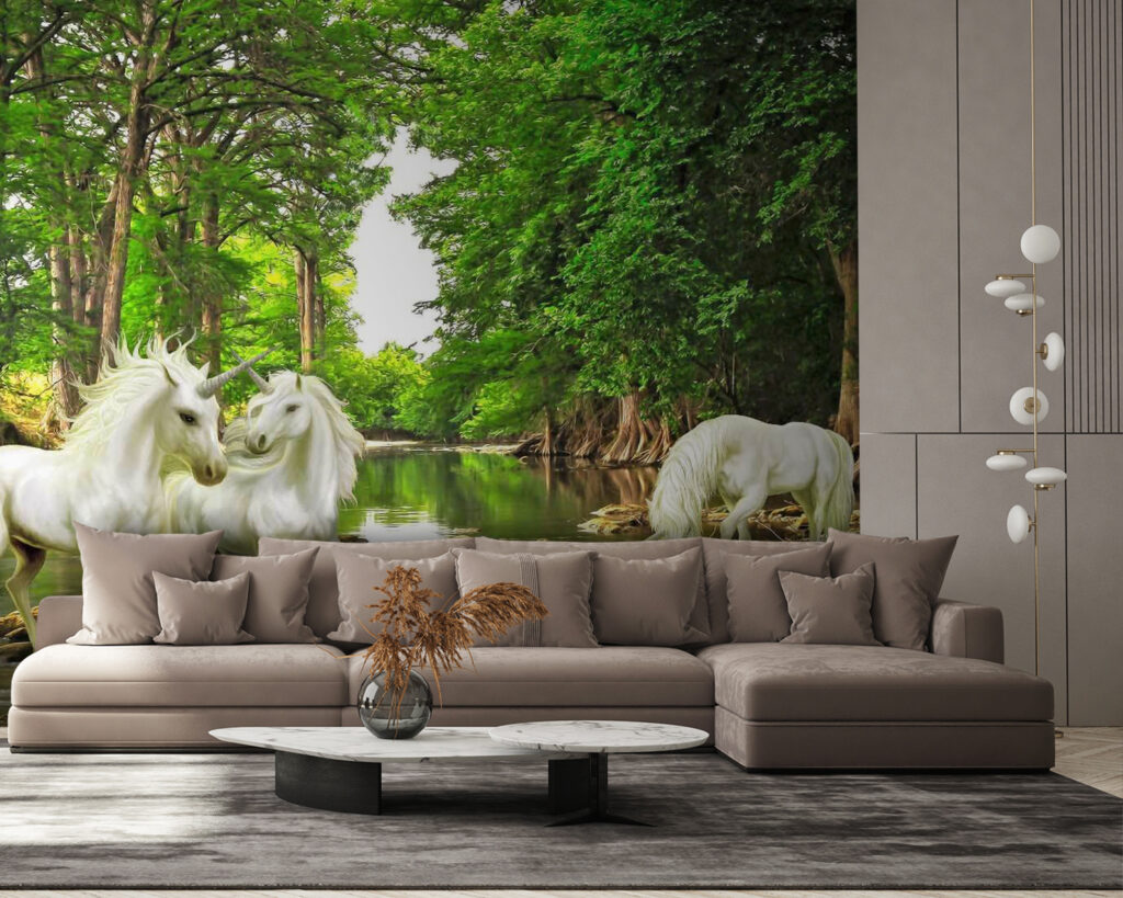 Witte paarden bij boswater — interieur 3