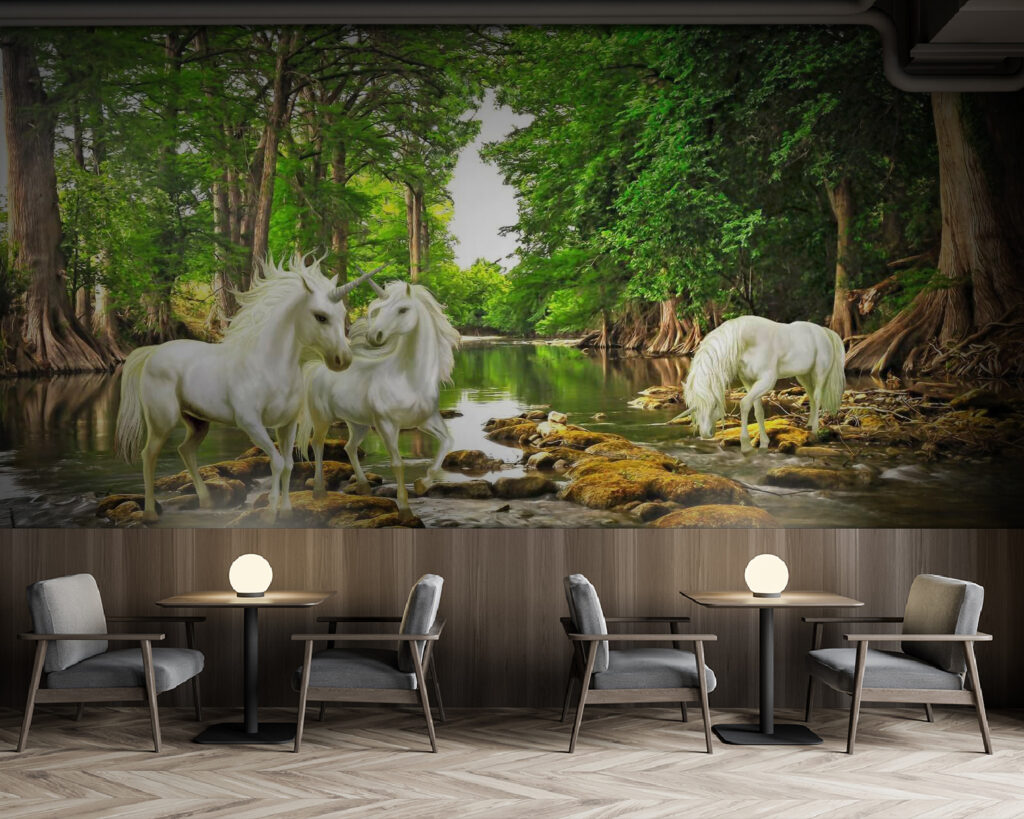Witte paarden bij boswater — interieur 1