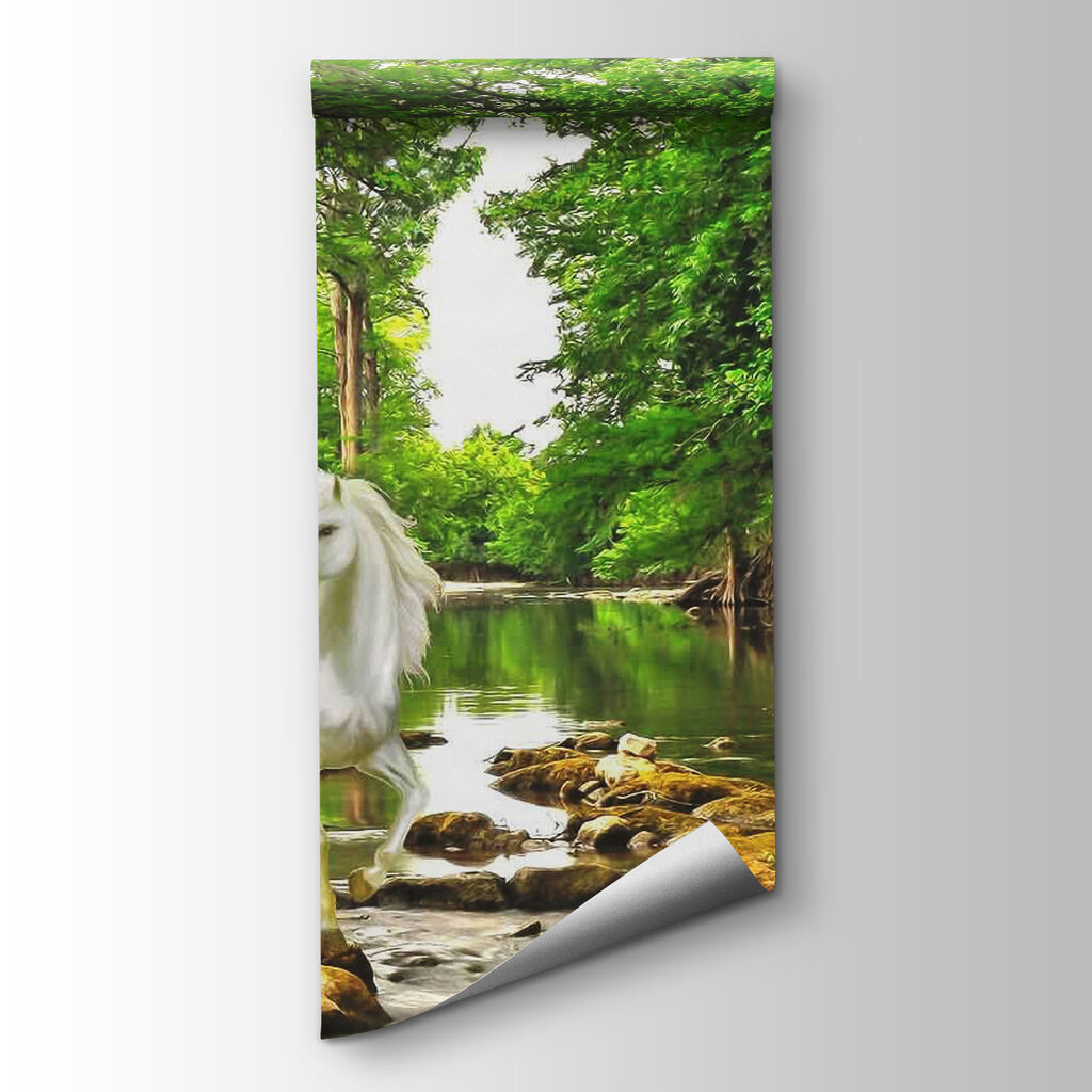 Witte paarden bij boswater — productweergave