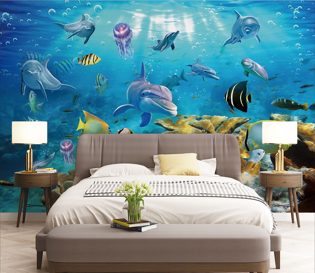 Groep vissen zwemmend in het water in een interieur