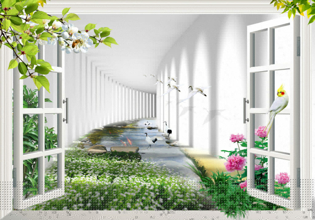 Bloementuin achter witte zuilen — volledig ontwerp