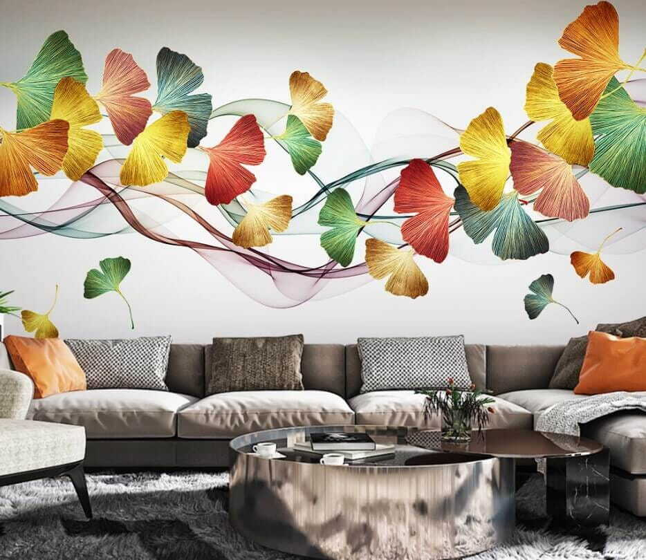 Kleurrijke bladeren en swirls in een interieur