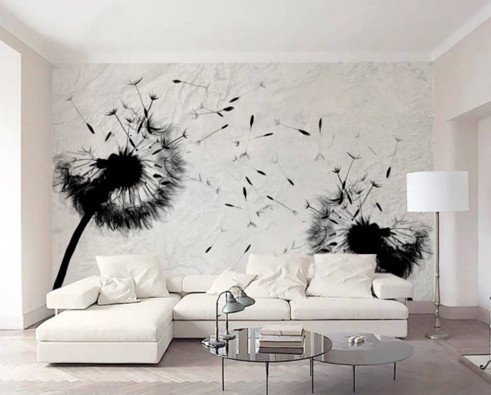 Zwart-wit afbeelding van paardenbloemen — interieur 1
