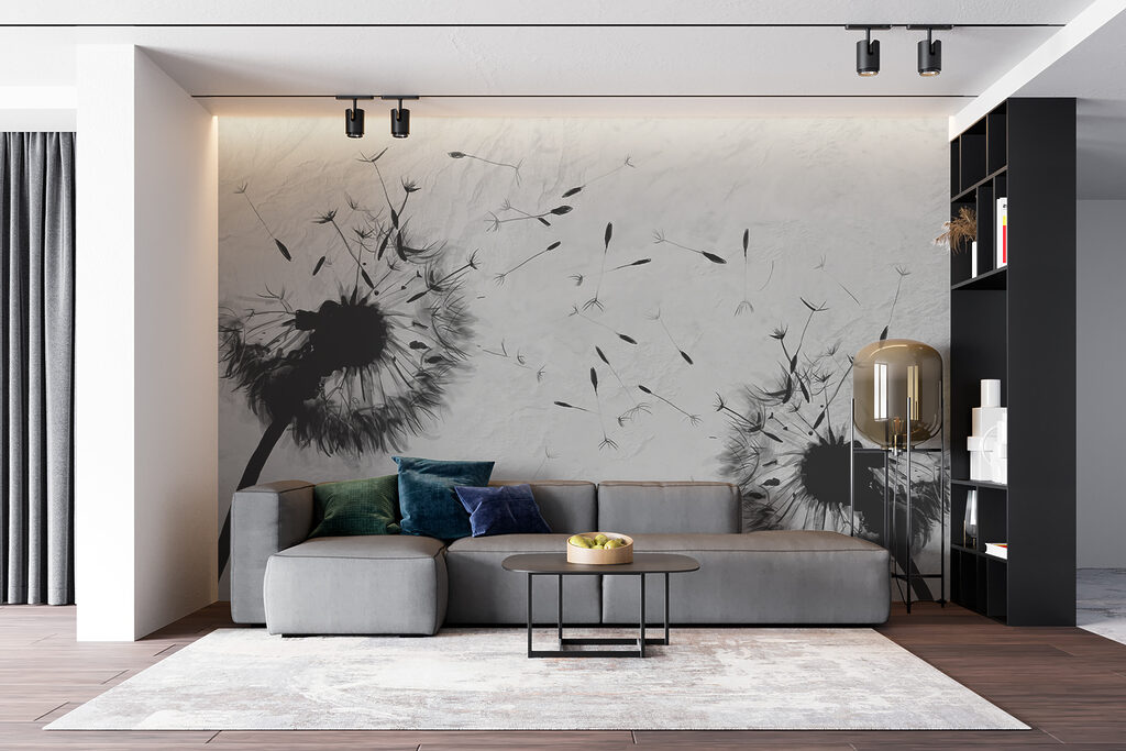 Zwart-wit afbeelding van paardenbloemen — interieur 3