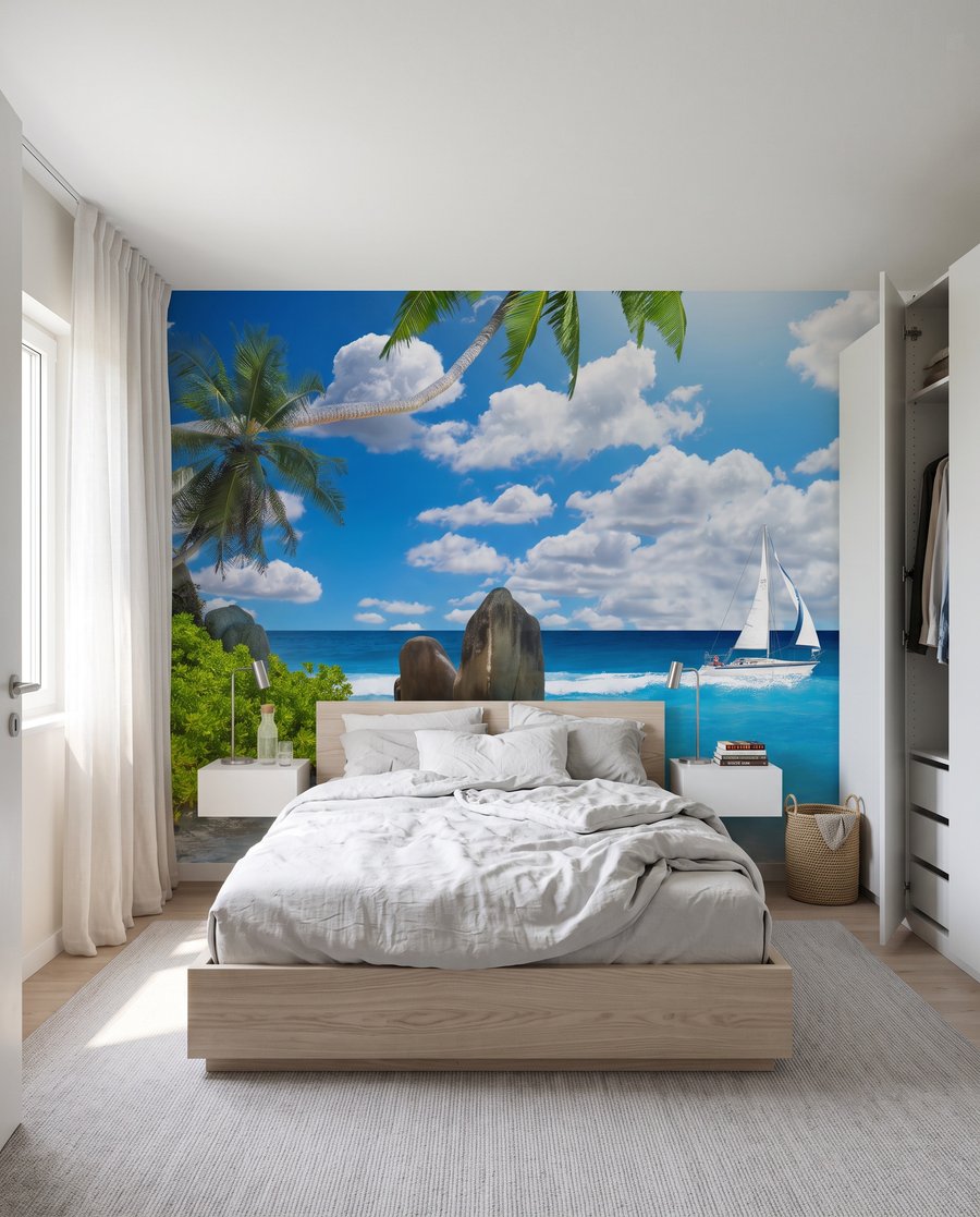 Houten aanlegsteiger met palmbomen en een strand met boten en dolfijnen in een interieur