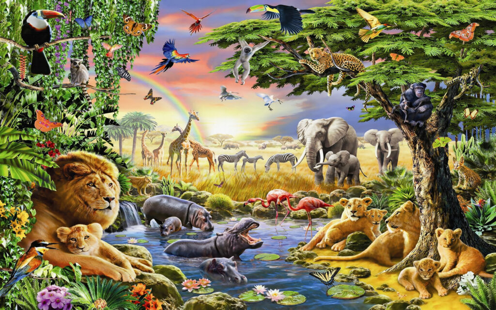 Dieren rond een junglepoel — volledig ontwerp