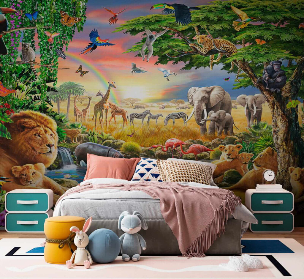Groep dieren in een rivier in een interieur