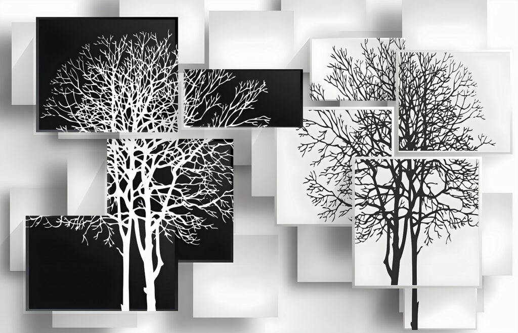 Boomsilhouetten over losse panelen — volledig ontwerp