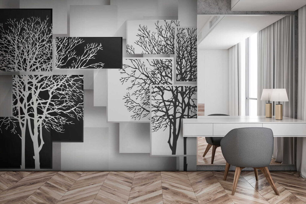 Boomsilhouetten over losse panelen — interieur 2