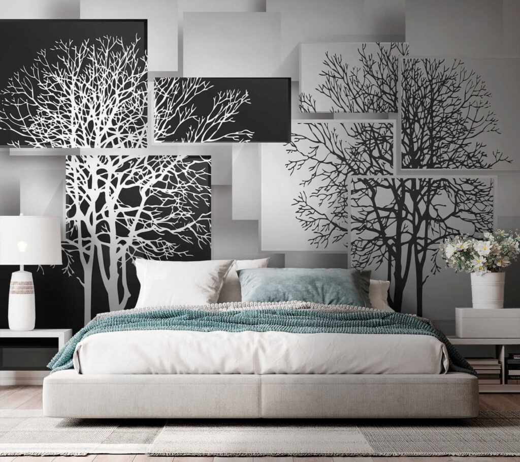Boomsilhouetten over losse panelen — interieur 3