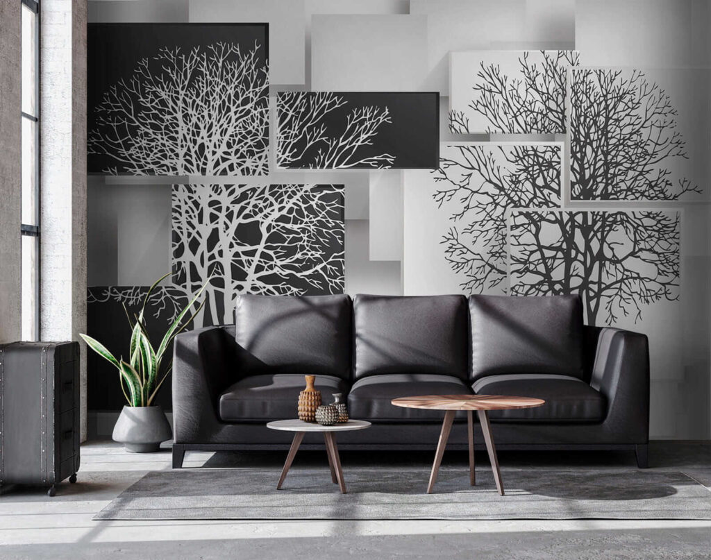 Boomsilhouetten over losse panelen — interieur 4