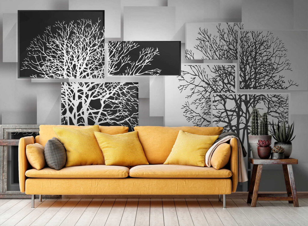 Boomsilhouetten over losse panelen — interieur 5