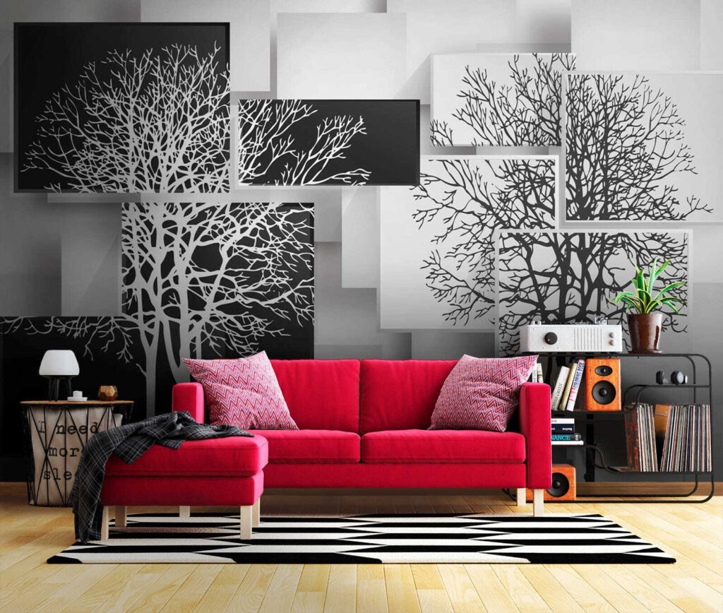 Boomsilhouetten over losse panelen — interieur 6