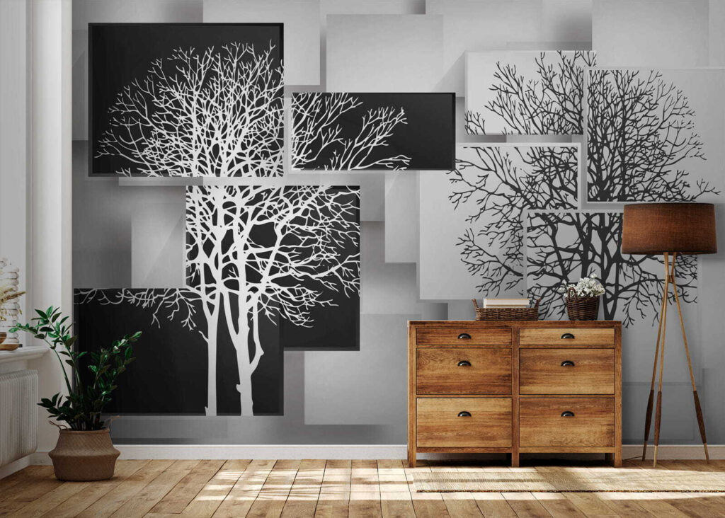 Boomsilhouetten over losse panelen — interieur 7