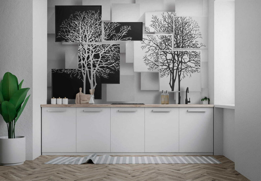 Boomsilhouetten over losse panelen — interieur 8