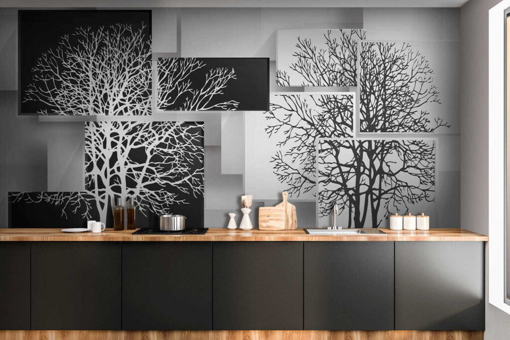 Boomsilhouetten over losse panelen — interieur 1