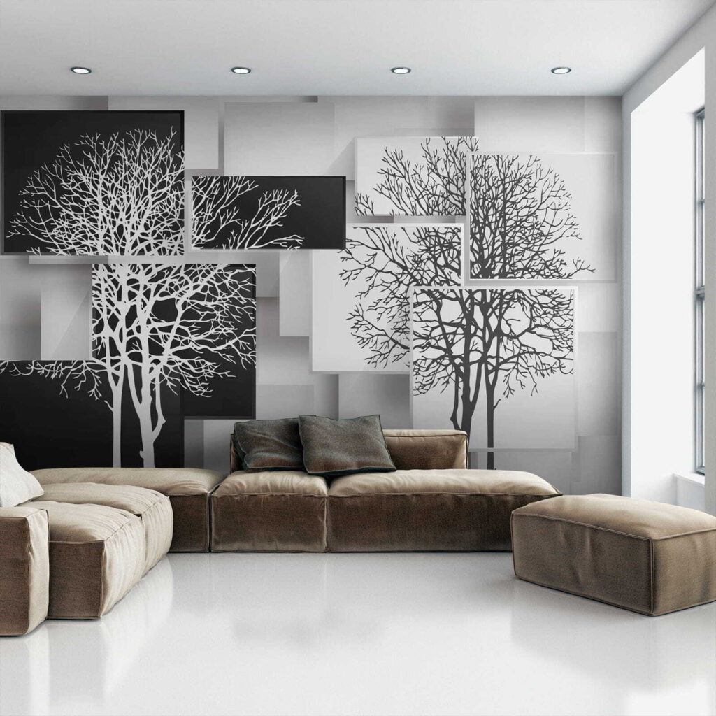 Boomsilhouetten over losse panelen — interieur 9