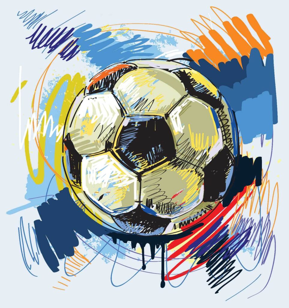 Voetbal tussen kleurrijke krabbels — volledig ontwerp