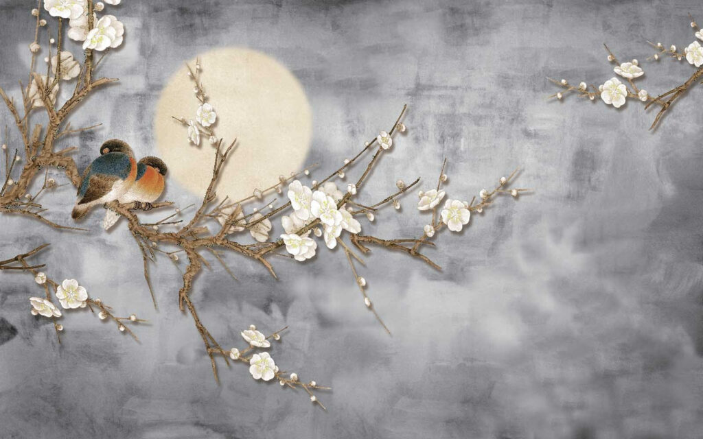 Vogel op een tak met witte bloemen — volledig ontwerp