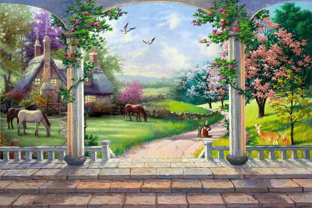 Bloementerras met grazende paarden — volledig ontwerp