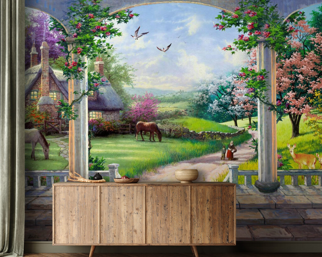 Bloementerras met grazende paarden — interieur 1