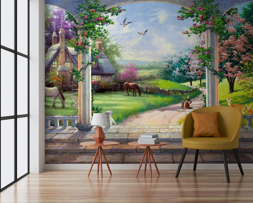 Bloementerras met grazende paarden — interieur 3
