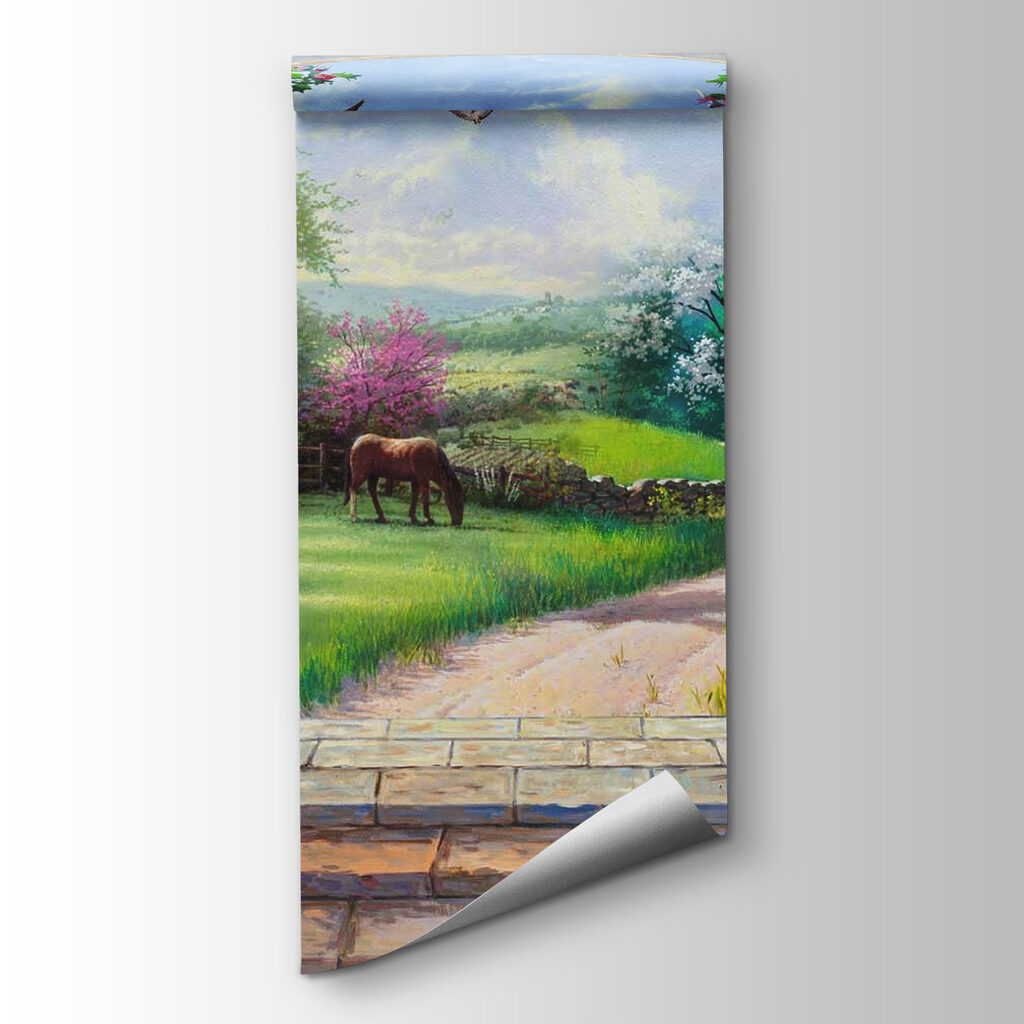 Bloementerras met grazende paarden — productweergave