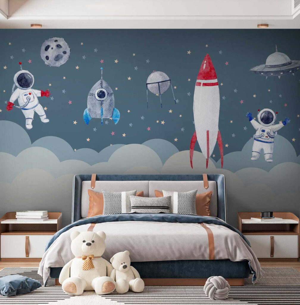 Ruimteshuttles en raketten in de lucht in een interieur