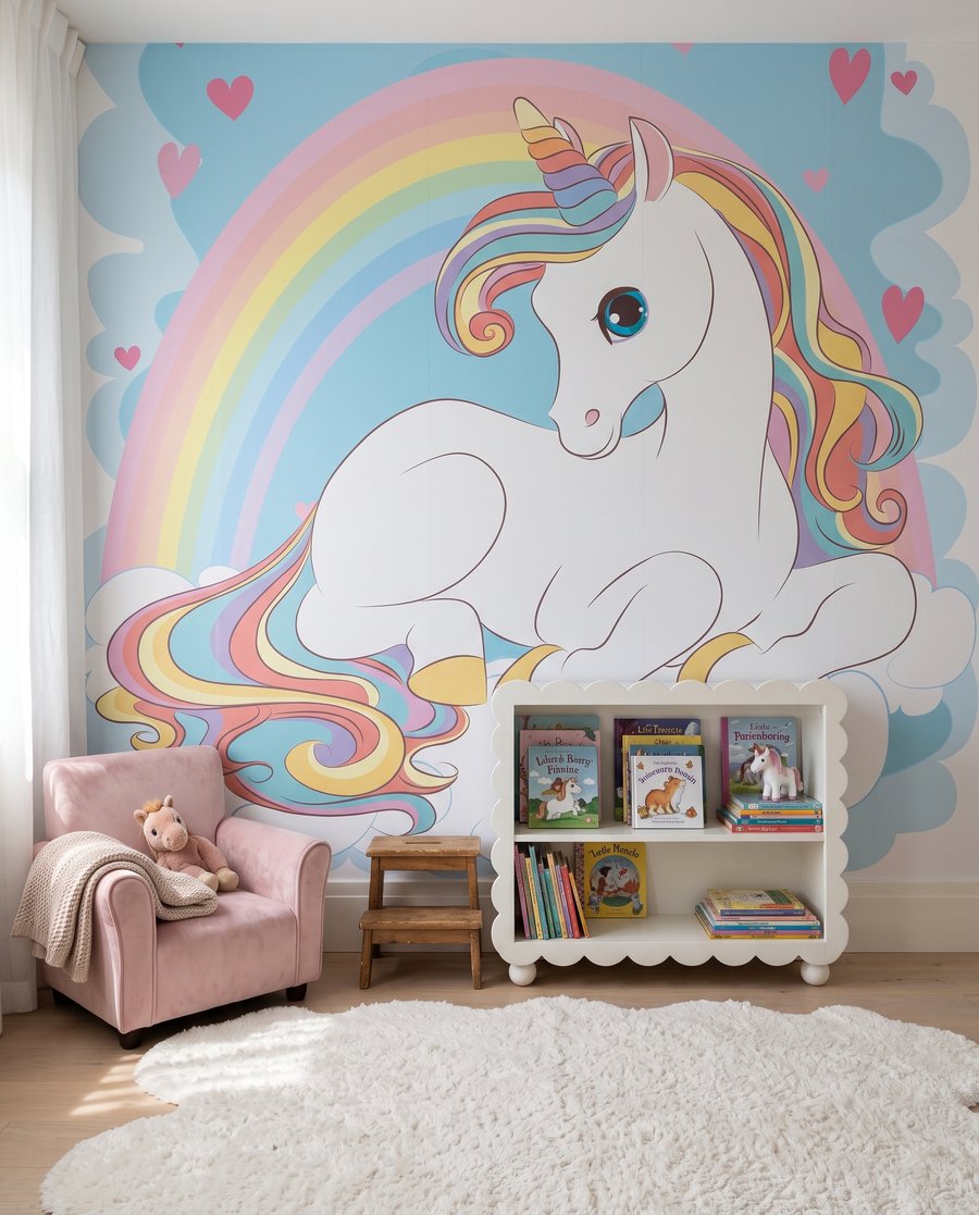 Eenhoorn onder de regenboog in een interieur