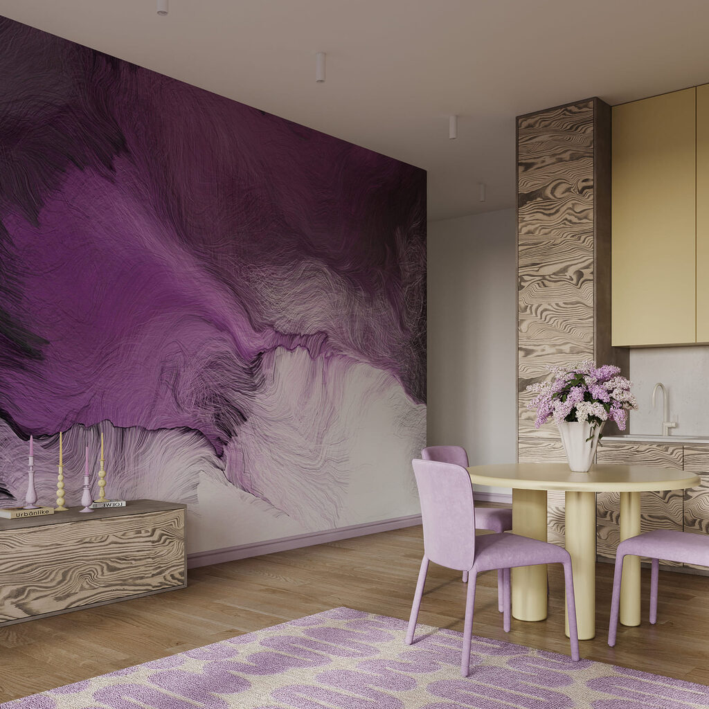 Paars-wit schilderij in een interieur