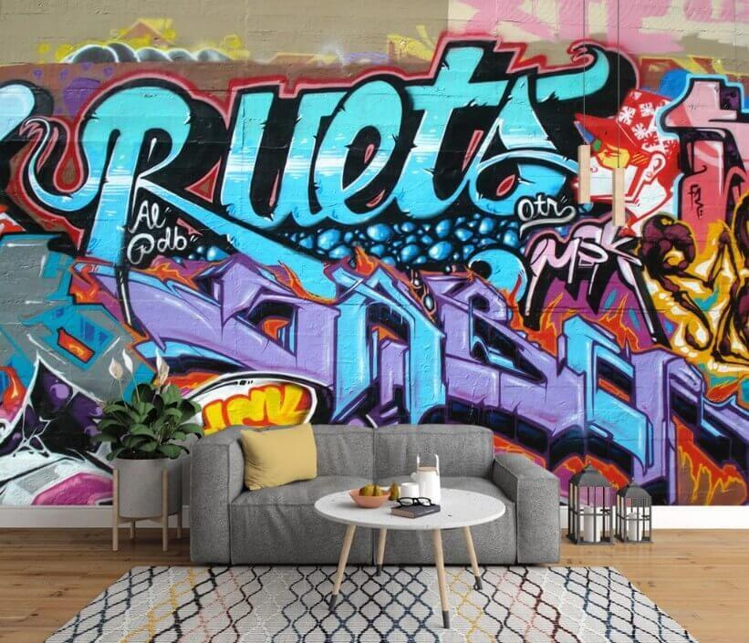 Levendige straatkunst die barst van de kleur in een interieur