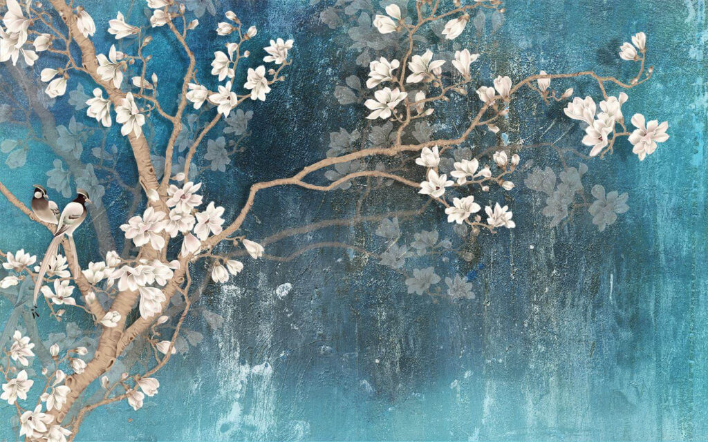 Witte bloesem op turquoise — volledig ontwerp