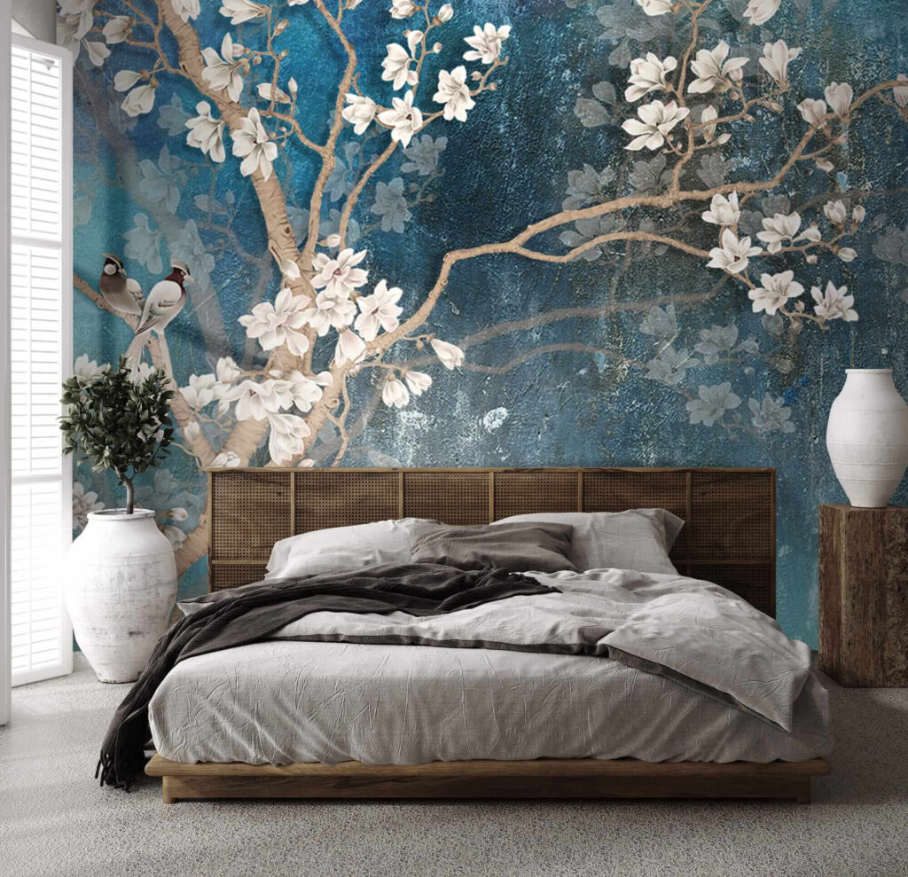Witte bloesem op turquoise — interieur 2