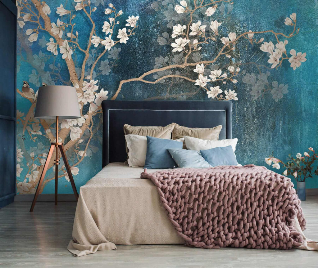 Witte bloesem op turquoise — interieur 3