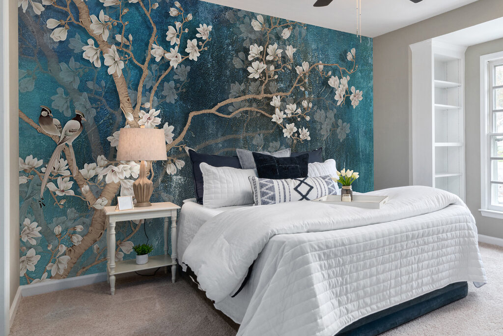 Witte bloesem op turquoise — interieur 8