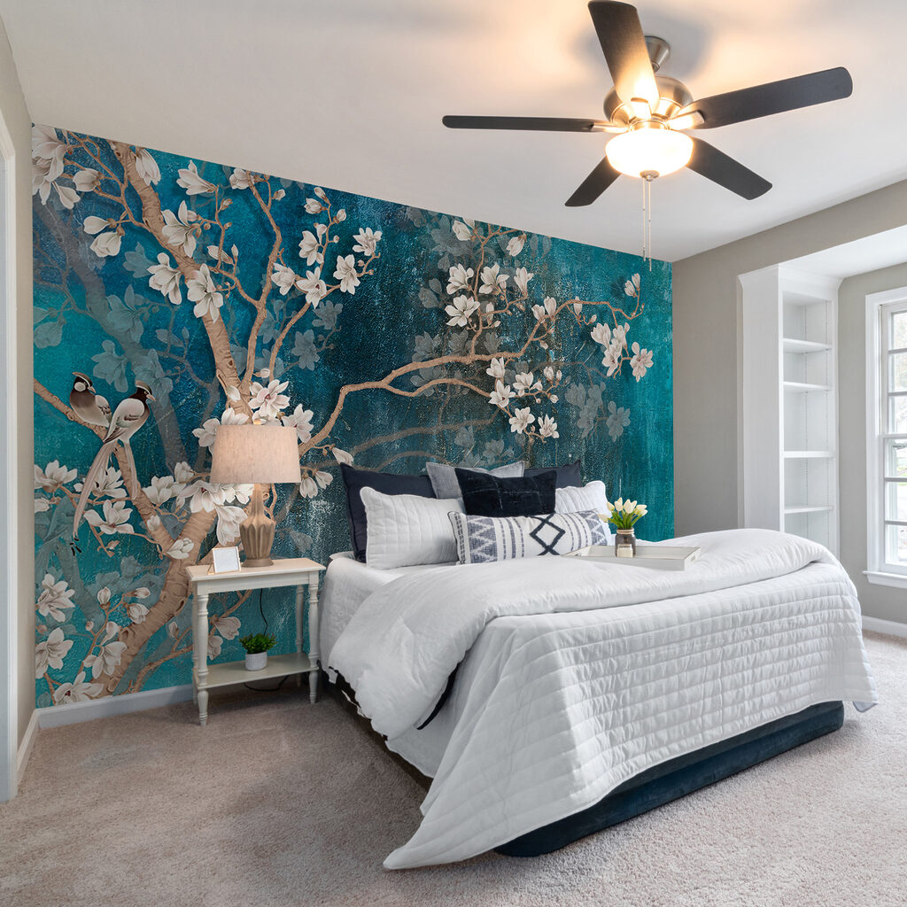 Witte bloesem op turquoise — interieur 10