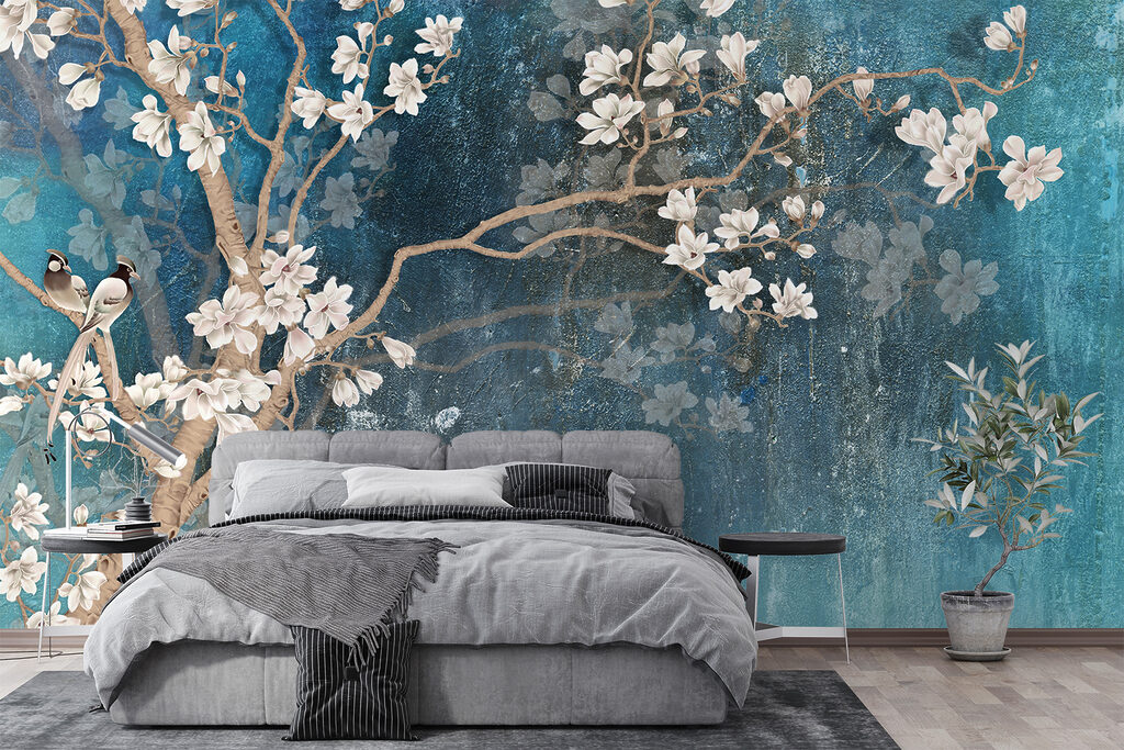 Witte bloesem op turquoise — interieur 14