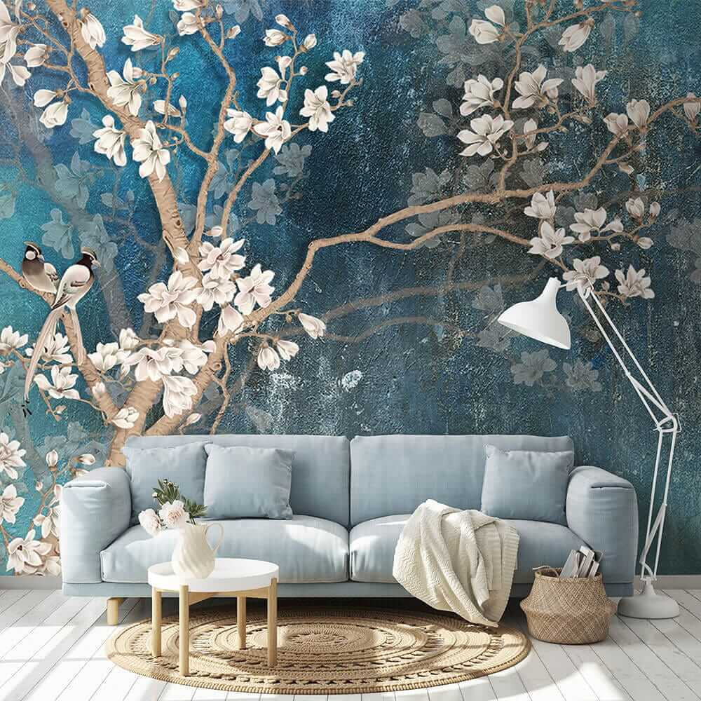 Witte bloesem op turquoise — interieur 5