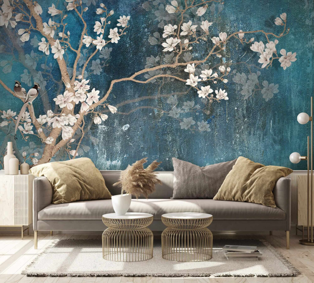 Witte bloesem op turquoise — interieur 6