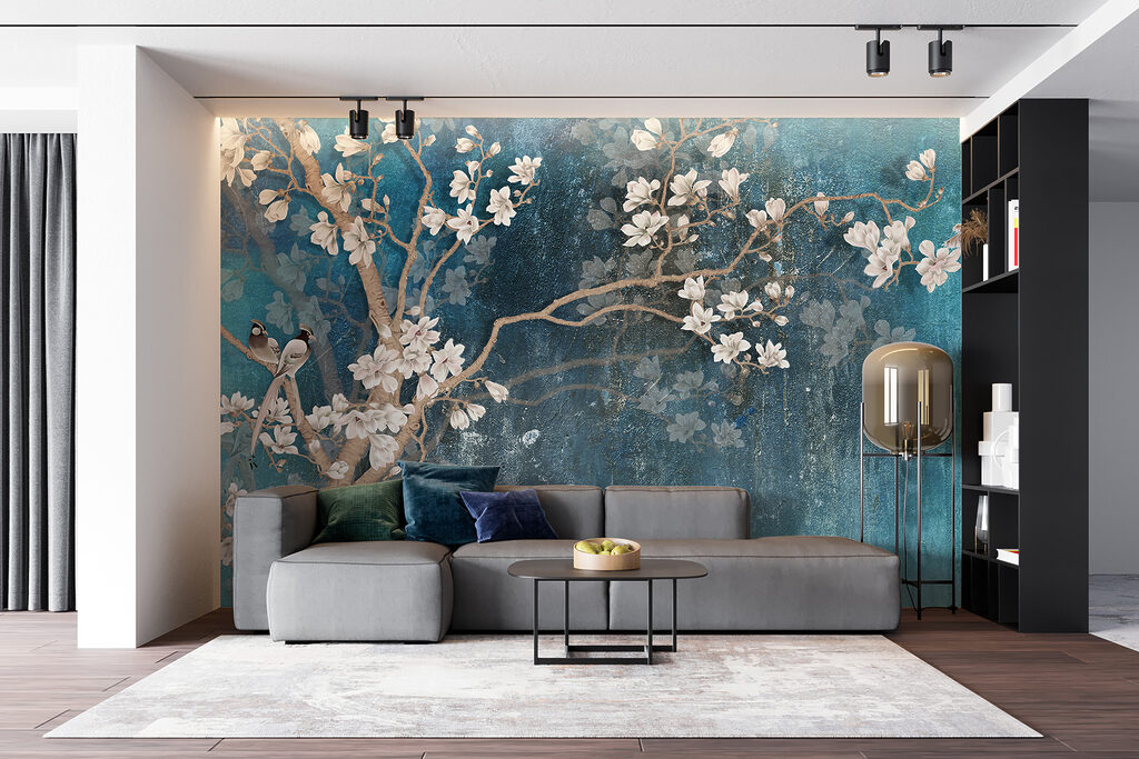 Witte bloesem op turquoise — interieur 11