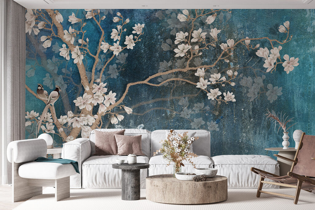 Witte bloesem op turquoise — interieur 12