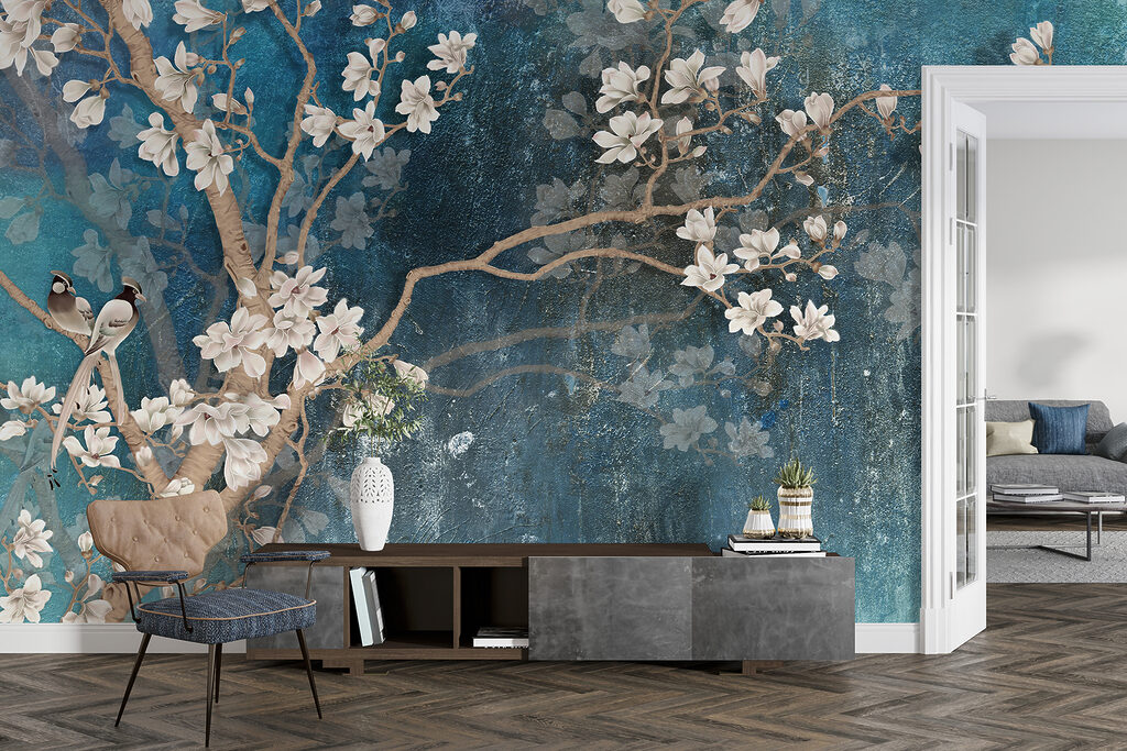Witte bloesem op turquoise — interieur 9