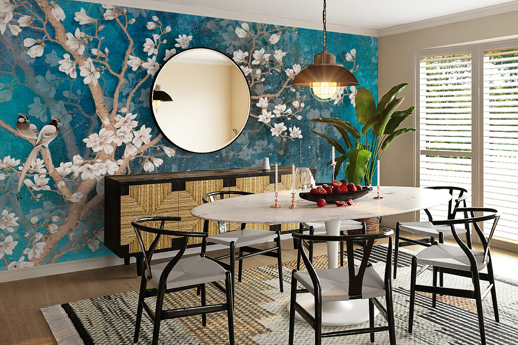 Witte bloesem op turquoise — interieur 13