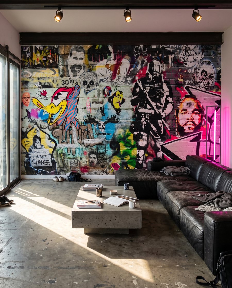 Een collage van straatgezichten in een interieur